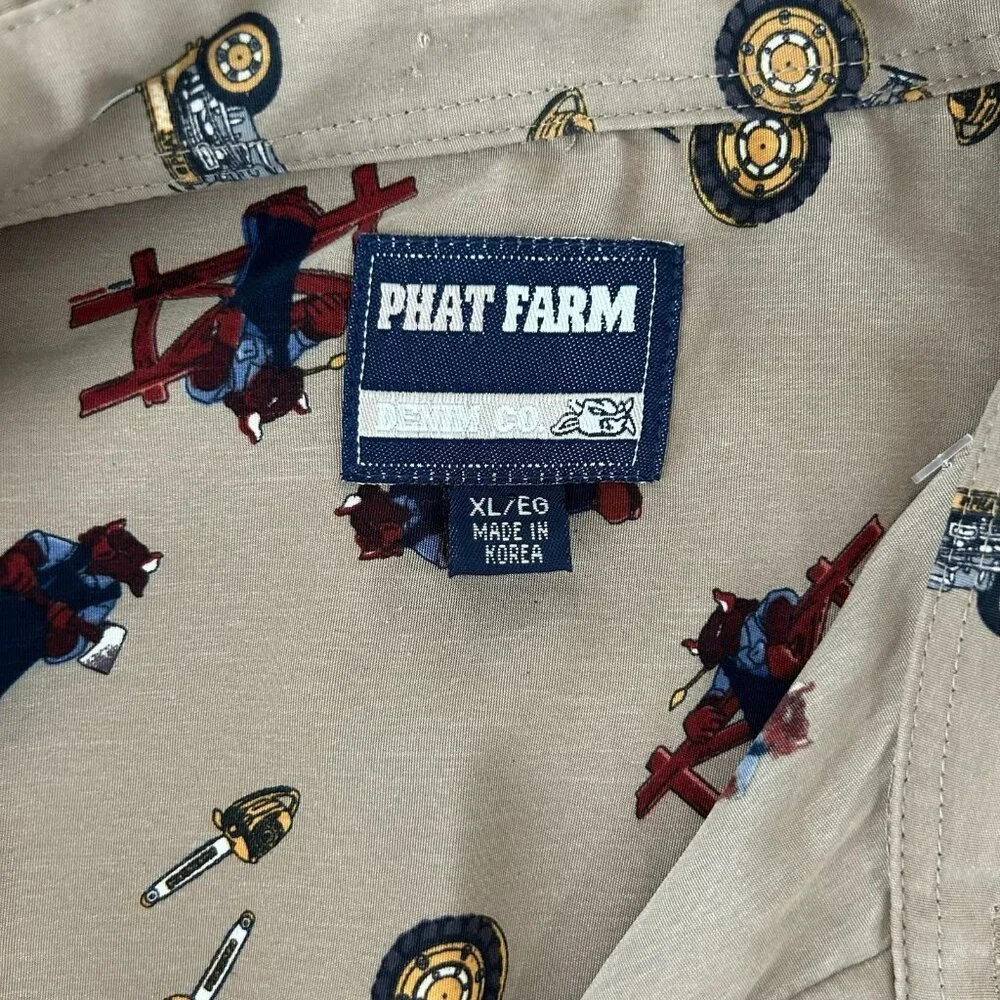 Vintage Phat Farm Shirt Mens XL Tan All Over Print Workwear Tools Streetwear 90s - Picture 8 of 11